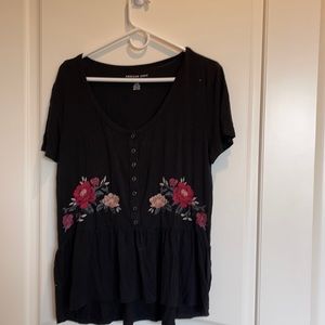 American Eagle soft and sexy short sleeve button up tunic with floral embroidery